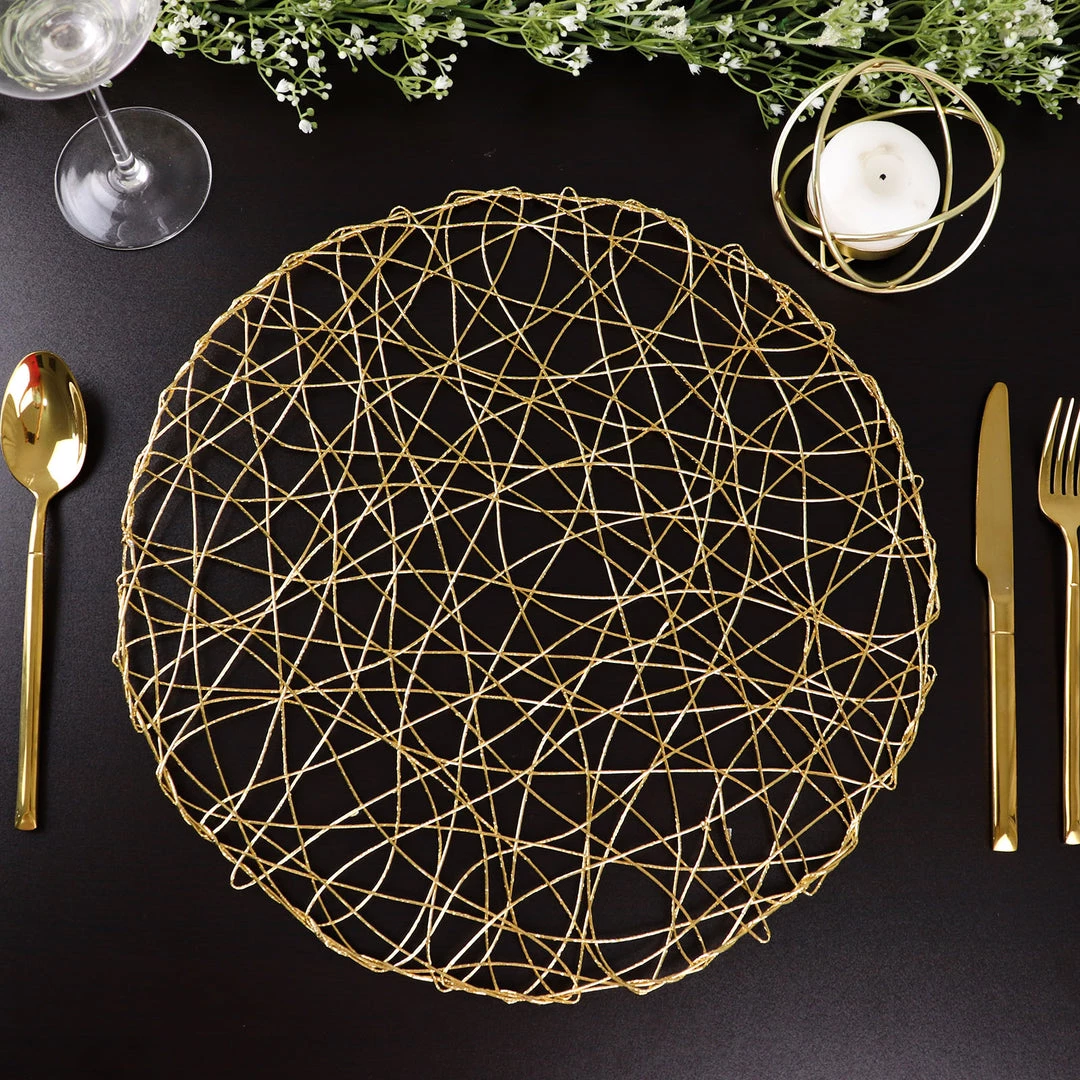 HIER_4720 6 Pack | 15" Metallic Gold String Woven Placemats | Round Table Placemats 12 HIER_4720 6 Pack | 15" Metallic Gold String Woven Placemats | Round Table Placemats