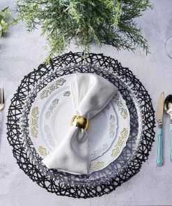 HIER_4720 Disposable Dinnerware 6 Pack | Black Decorative Woven Vinyl Placemats, Non-Slip Table Mats For Dining - Round 15