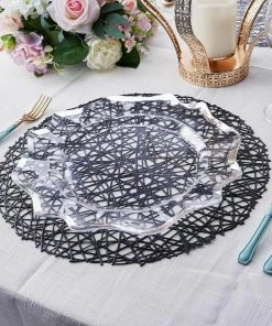 HIER_4720 Disposable Dinnerware 6 Pack | Black Decorative Woven Vinyl Placemats, Non-Slip Table Mats For Dining - Round 15