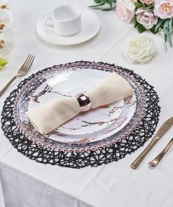 HIER_4720 Disposable Dinnerware 6 Pack | Black Decorative Woven Vinyl Placemats, Non-Slip Table Mats For Dining - Round 15