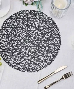HIER_4720 Disposable Dinnerware 6 Pack | Black Decorative Woven Vinyl Placemats, Non-Slip Table Mats For Dining - Round 15"