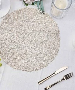 HIER_4720 6 Pack | Champagne Metallic Woven Vinyl Placemats, Non-Slip Table Mats For Dining - Round 15"