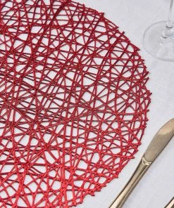 HIER_4720 6 Pack | Red Decorative Woven Vinyl Placemats, Non-Slip Table Mats For Dining - Round 15" Disposable Dinnerware