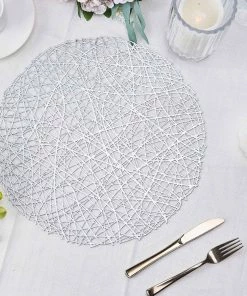 HIER_4720 6 Pack | Silver Metallic Woven Vinyl Placemats, Non-Slip Table Mats For Dining - Round 15"