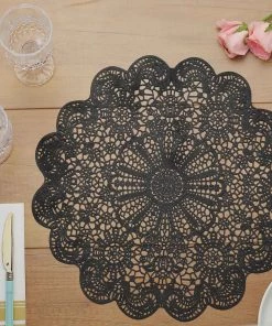 HIER_4720 6 Pack | 15" Black Vintage Floral Vinyl Placemats | Non Slip Dining Table Placemats Disposable Dinnerware