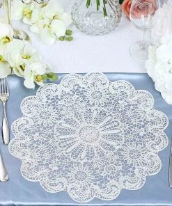 HIER_4720 Disposable Dinnerware 6 Pack | 15" White Vintage Floral Vinyl Placemat | Non Slip Dining Table Placemats