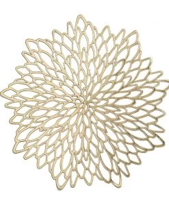 HIER_4720 6 Pack | Gold Decorative Floral Vinyl Placemats Non-Slip Table Mats For Dining - Round 15