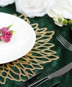 HIER_4720 6 Pack | Gold Decorative Floral Vinyl Placemats Non-Slip Table Mats For Dining - Round 15