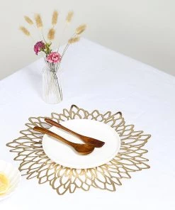 HIER_4720 6 Pack | Gold Decorative Floral Vinyl Placemats Non-Slip Table Mats For Dining - Round 15