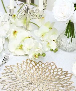 HIER_4720 6 Pack | Gold Decorative Floral Vinyl Placemats Non-Slip Table Mats For Dining - Round 15