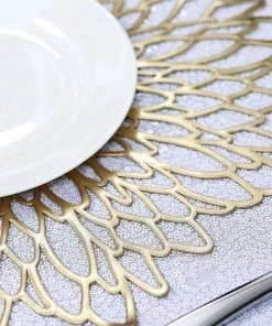 HIER_4720 6 Pack | Gold Decorative Floral Vinyl Placemats Non-Slip Table Mats For Dining - Round 15
