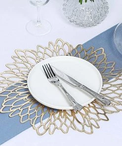 HIER_4720 6 Pack | Gold Decorative Floral Vinyl Placemats Non-Slip Table Mats For Dining - Round 15