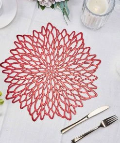HIER_4720 6 Pack | Red Decorative Floral Vinyl Placemats Non-Slip Table Mats For Dining - Round 15" Disposable Dinnerware