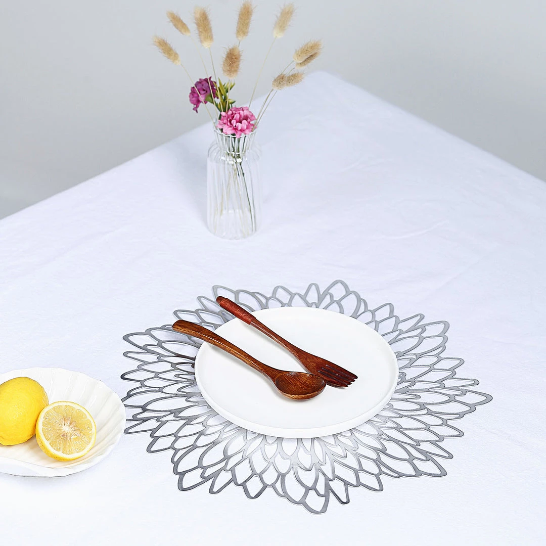 HIER_4720 6 Pack | Silver Decorative Floral Vinyl Placemats Non-Slip Table Mats For Dining - Round 15" 10 HIER_4720 6 Pack | Silver Decorative Floral Vinyl Placemats Non-Slip Table Mats For Dining - Round 15"