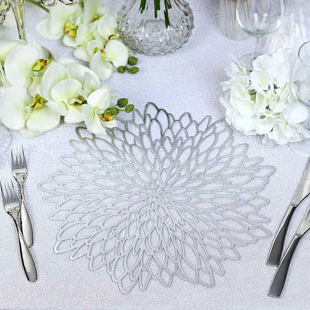 HIER_4720 6 Pack | Silver Decorative Floral Vinyl Placemats Non-Slip Table Mats For Dining - Round 15" 14 HIER_4720 6 Pack | Silver Decorative Floral Vinyl Placemats Non-Slip Table Mats For Dining - Round 15"
