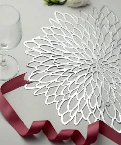 HIER_4720 6 Pack | Silver Decorative Floral Vinyl Placemats Non-Slip Table Mats For Dining - Round 15"