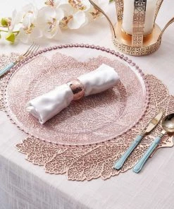 HIER_4720 Disposable Dinnerware 6 Pack | Rose Gold Metallic Fall Leaf Vinyl Placemats | Blush Non-Slip Table Mats For Dining - 18