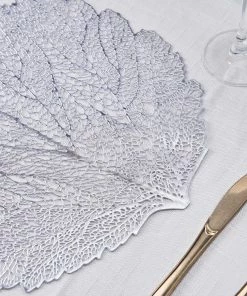 HIER_4720 Disposable Dinnerware 6 Pack | Silver Metallic Fall Leaf Vinyl Placemats | Non-Slip Table Mats For Dining - 18"