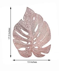 HIER_4720 6 Pack | Rose Gold Monstera Leaf Vinyl Placemats, Blush Non-Slip Table Mats For Dining - 18