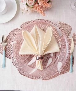HIER_4720 6 Pack | Rose Gold Monstera Leaf Vinyl Placemats, Blush Non-Slip Table Mats For Dining - 18