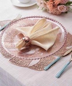 HIER_4720 6 Pack | Rose Gold Monstera Leaf Vinyl Placemats, Blush Non-Slip Table Mats For Dining - 18
