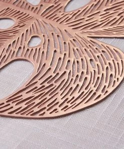 HIER_4720 6 Pack | Rose Gold Monstera Leaf Vinyl Placemats, Blush Non-Slip Table Mats For Dining - 18