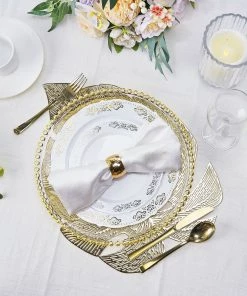 HIER_4720 Disposable Dinnerware 6 Pack | Gold Monstera Leaf Vinyl Placemats, Non-Slip Table Mats For Dining - 18