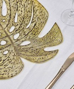 HIER_4720 Disposable Dinnerware 6 Pack | Gold Monstera Leaf Vinyl Placemats, Non-Slip Table Mats For Dining - 18