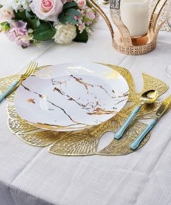 HIER_4720 Disposable Dinnerware 6 Pack | Gold Monstera Leaf Vinyl Placemats, Non-Slip Table Mats For Dining - 18