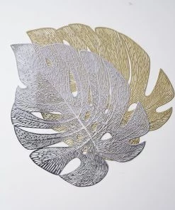 HIER_4720 Disposable Dinnerware 6 Pack | Gold Monstera Leaf Vinyl Placemats, Non-Slip Table Mats For Dining - 18
