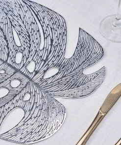 HIER_4720 Disposable Dinnerware 6 Pack | Silver Monstera Leaf Vinyl Placemats, Non-Slip Table Mats For Dining - 18"