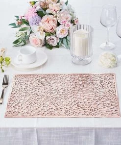 HIER_4720 6 Pack | Rose Gold Metallic Floral Vinyl Placemats | Non-Slip Table Mats For Dining - Blush Rectangle 12