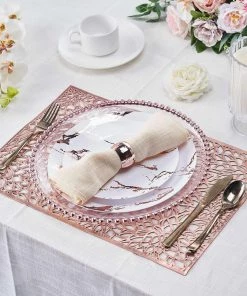 HIER_4720 6 Pack | Rose Gold Metallic Floral Vinyl Placemats | Non-Slip Table Mats For Dining - Blush Rectangle 12