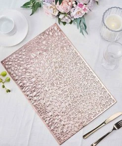 HIER_4720 6 Pack | Rose Gold Metallic Floral Vinyl Placemats | Non-Slip Table Mats For Dining - Blush Rectangle 12