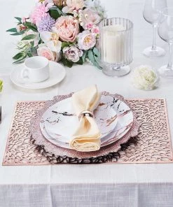 HIER_4720 6 Pack | Rose Gold Metallic Floral Vinyl Placemats | Non-Slip Table Mats For Dining - Blush Rectangle 12