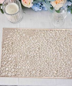 HIER_4720 Disposable Dinnerware 6 Pack | Gold Metallic Floral Vinyl Placemats | Non-Slip Table Mats For Dining - Rectangle 12"x18"