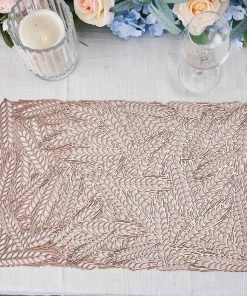 HIER_4720 6 Pack | Rose Gold/Blush Metallic Non Slip Placemats, Vinyl Table Mats With Wheat Design - Rectangle 12"x18" Disposable Dinnerware