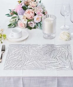 HIER_4720 6 Pack | Silver Metallic Non Slip Placemats, Vinyl Table Mats With Wheat Design - Rectangle 12