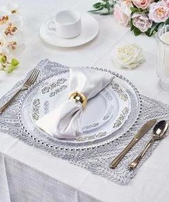 HIER_4720 6 Pack | Silver Metallic Non Slip Placemats, Vinyl Table Mats With Wheat Design - Rectangle 12