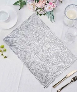 HIER_4720 6 Pack | Silver Metallic Non Slip Placemats, Vinyl Table Mats With Wheat Design - Rectangle 12