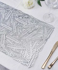 HIER_4720 6 Pack | Silver Metallic Non Slip Placemats, Vinyl Table Mats With Wheat Design - Rectangle 12"x18"
