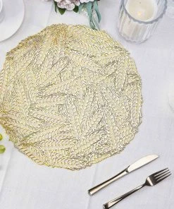 HIER_4720 6 Pack | Gold Metallic Vinyl Placemats, Non-Slip Table Mats With Wheat Design - Round 15" Disposable Dinnerware
