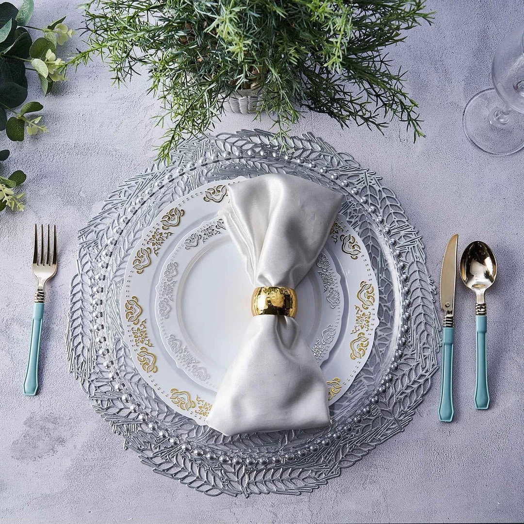 HIER_4720 6 Pack | Silver Metallic Vinyl Placemats, Non-Slip Table Mats With Wheat Design - Round 15" 12 HIER_4720 6 Pack | Silver Metallic Vinyl Placemats, Non-Slip Table Mats With Wheat Design - Round 15"