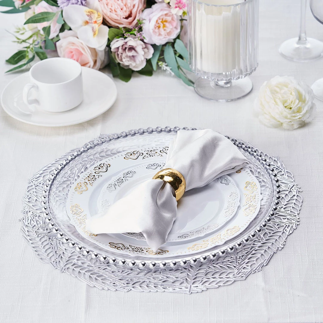 HIER_4720 6 Pack | Silver Metallic Vinyl Placemats, Non-Slip Table Mats With Wheat Design - Round 15" 6 HIER_4720 6 Pack | Silver Metallic Vinyl Placemats, Non-Slip Table Mats With Wheat Design - Round 15"