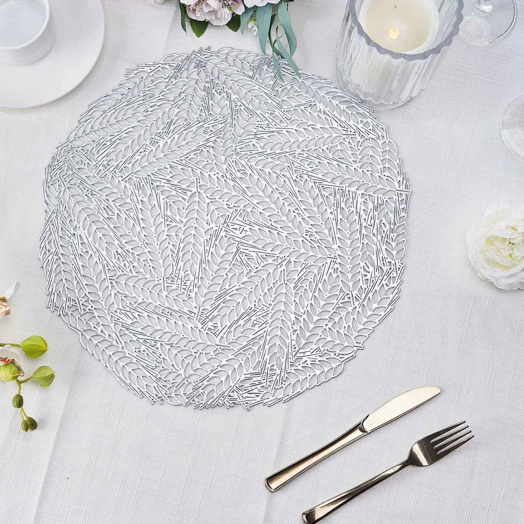 HIER_4720 6 Pack | Silver Metallic Vinyl Placemats, Non-Slip Table Mats With Wheat Design - Round 15" 8 HIER_4720 6 Pack | Silver Metallic Vinyl Placemats, Non-Slip Table Mats With Wheat Design - Round 15"
