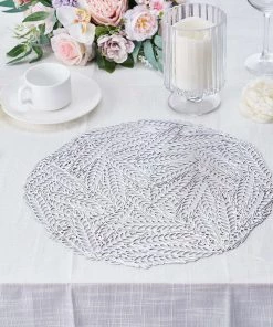 HIER_4720 6 Pack | Silver Metallic Vinyl Placemats, Non-Slip Table Mats With Wheat Design - Round 15