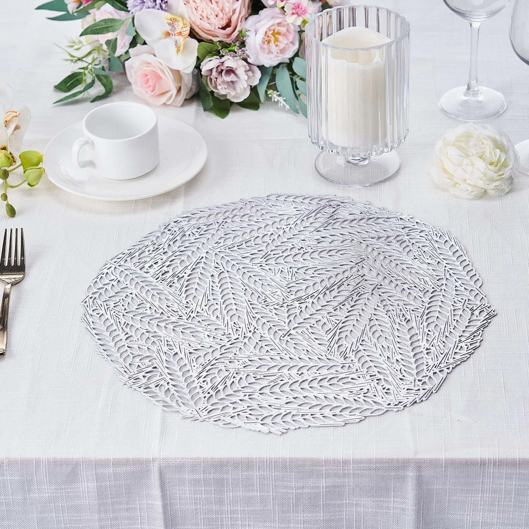 HIER_4720 6 Pack | Silver Metallic Vinyl Placemats, Non-Slip Table Mats With Wheat Design - Round 15" 1 HIER_4720 6 Pack | Silver Metallic Vinyl Placemats, Non-Slip Table Mats With Wheat Design - Round 15"