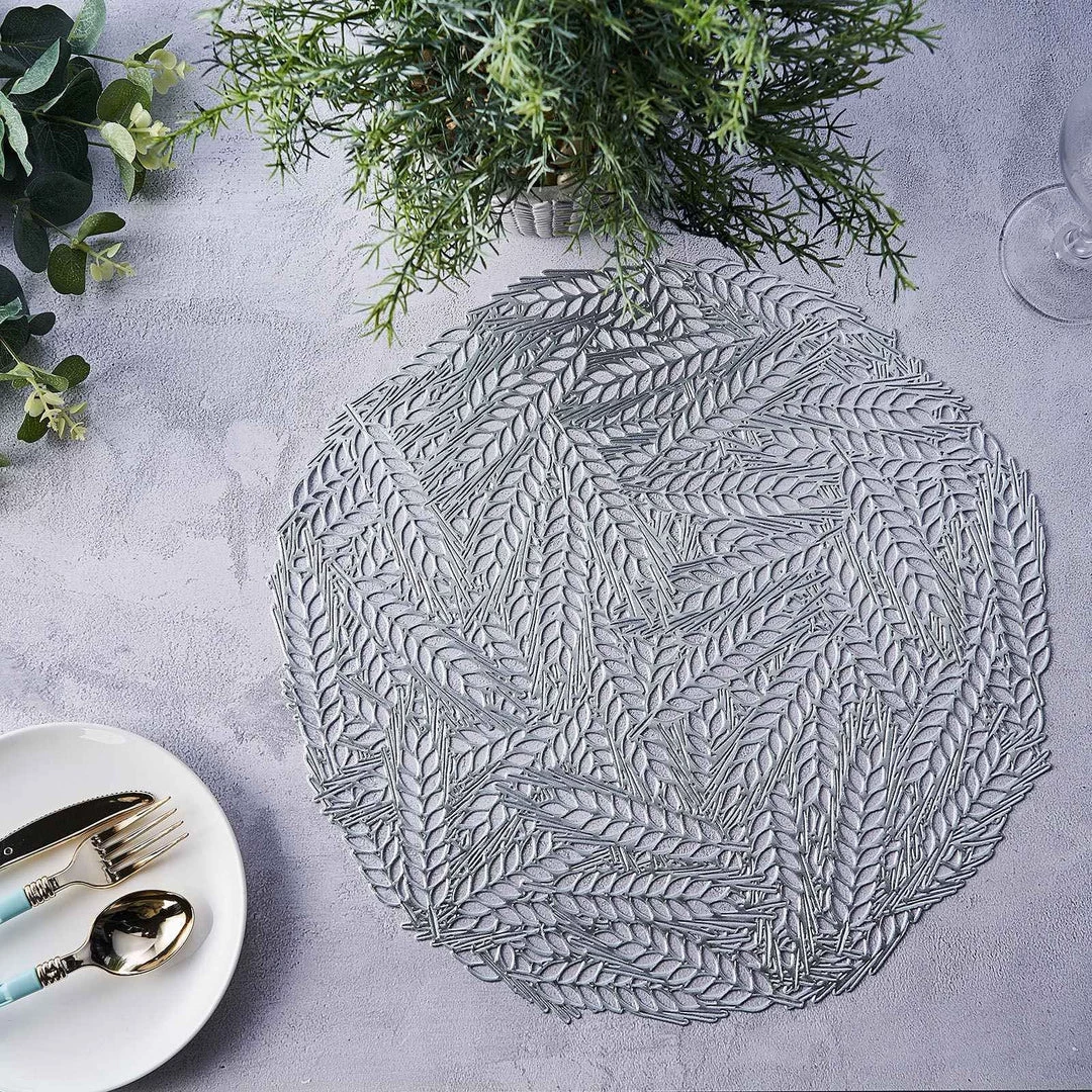 HIER_4720 6 Pack | Silver Metallic Vinyl Placemats, Non-Slip Table Mats With Wheat Design - Round 15" 7 HIER_4720 6 Pack | Silver Metallic Vinyl Placemats, Non-Slip Table Mats With Wheat Design - Round 15"