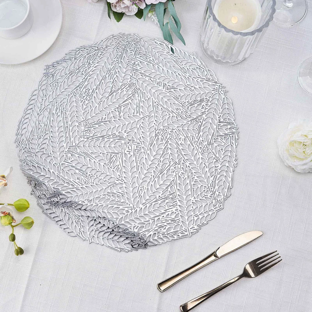 HIER_4720 6 Pack | Silver Metallic Vinyl Placemats, Non-Slip Table Mats With Wheat Design - Round 15" 10 HIER_4720 6 Pack | Silver Metallic Vinyl Placemats, Non-Slip Table Mats With Wheat Design - Round 15"
