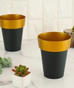 HIER_1733 Chargers & Centerpieces 2 Pack | 6" Black/ Gold Rimmed Flower Plant Pots, Indoor/Garden Decorative Planter